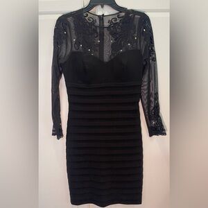 Elegant Black Embroidered Mesh Dress | Medium | Rhinestone Detail